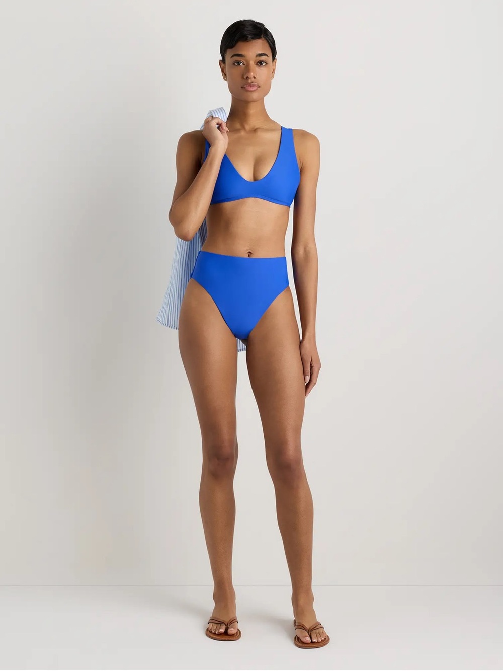 NWT QUINCE Two Piece Set Plunge Top & High Leg Bikini Bottom Medium Blue 9142